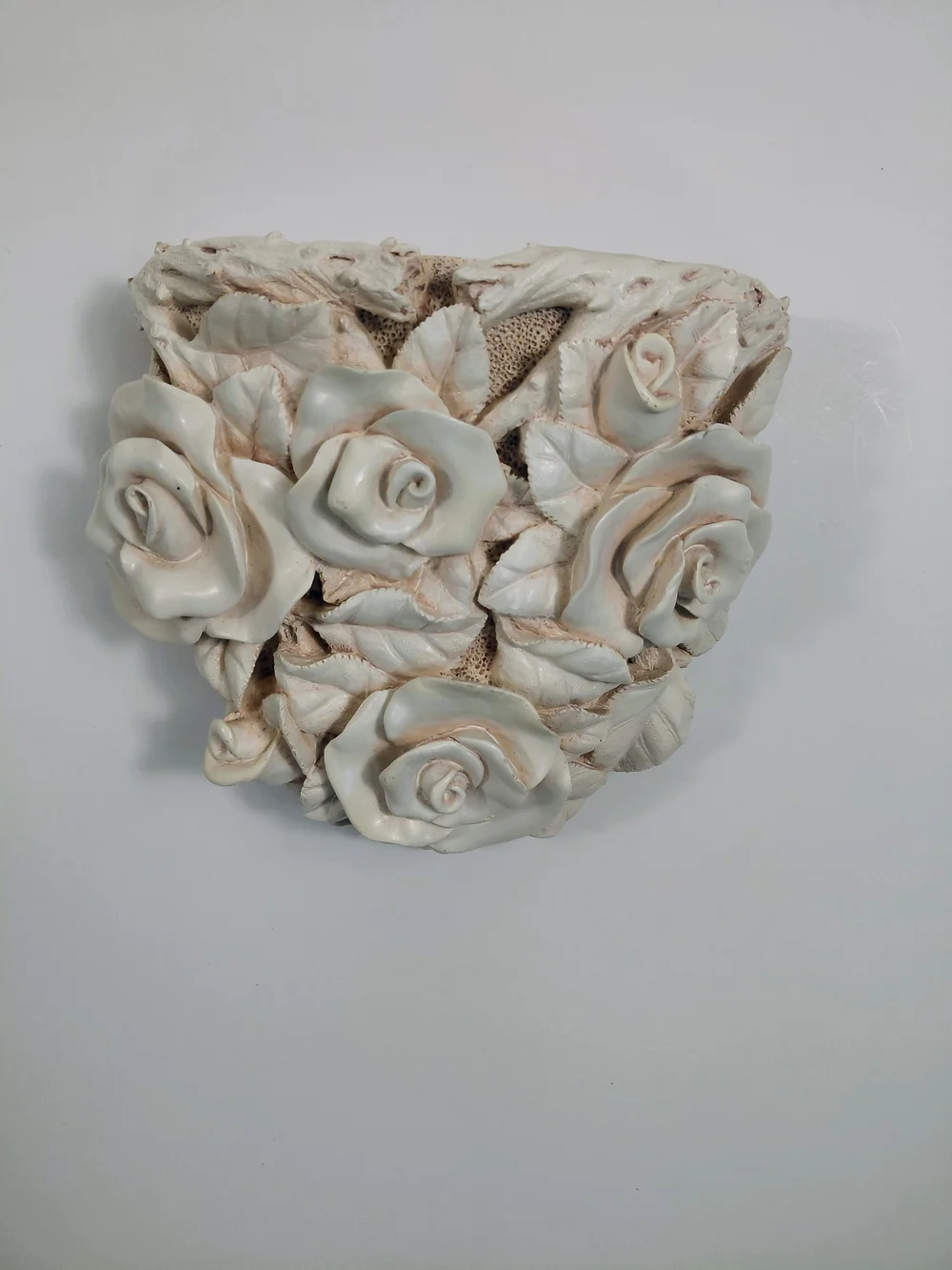 Decorative Heart Wall Shelf with Sculpted Roses in Light Pink Victorian Cottage